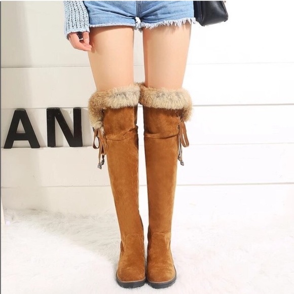 New Brown Vegan Suede Faux Fur and Lined Over The Knee High Flat Heel Boots - Picture 4 of 6